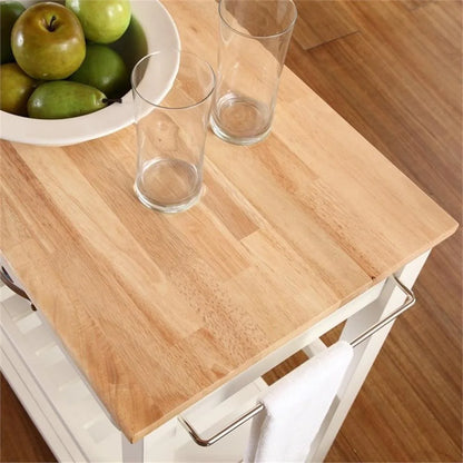 Bowery Hill 2-Drawer Wood Kitchen Cart Island in White/Natural