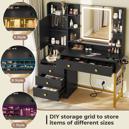 Makeup Vanity Desk with Lighted Mirror & Charging Stations & 6 Drawers Large Vanity Table Bedroom Dressing Table with Glass Tabletop&Side Cabinet&Glass Tabletop, Black