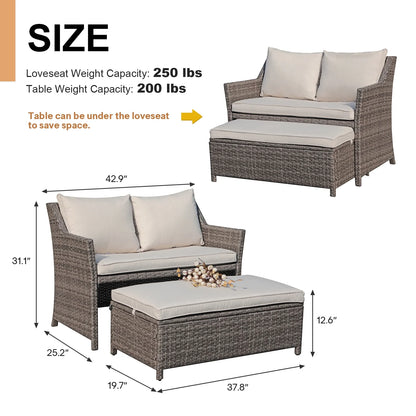 Outdoor Wicker Love Seat and Coffee Table Set, Weather Resistant Grey Rattan, Patio Furniture with Gray Cushions & Storage Bin