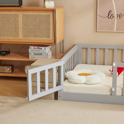 Ktaxon Montessori Twin Floor Bed with Safety Guardrails, Toddler Bed Frame for Kids, Wood Frame - Nature