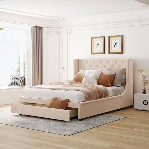 Queen Bed Frame with Storage Drawer, Velvet Upholstered Storage Bed, Wood Platform Bed Frame with Wingback Headboard and a Big Drawer(Beige)