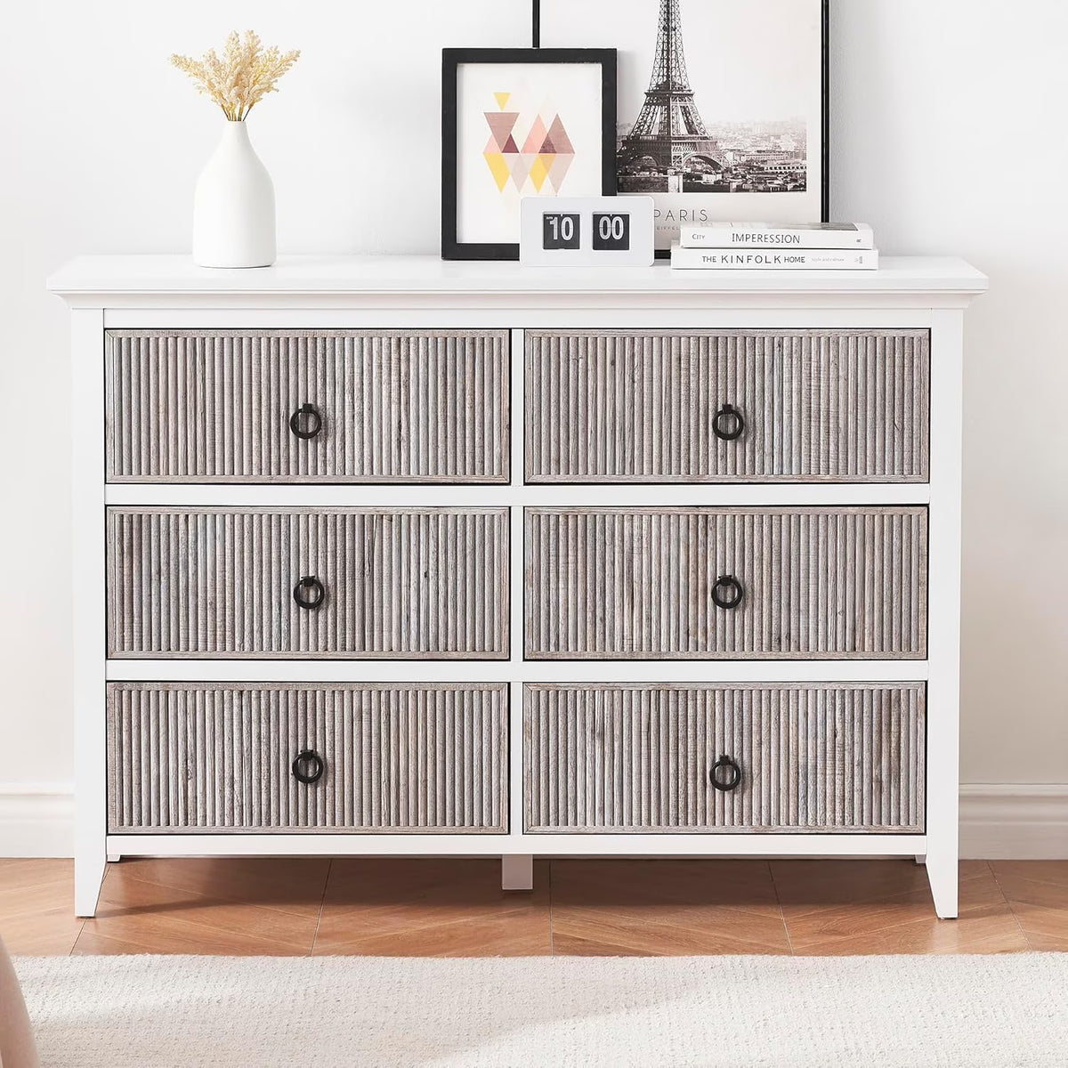 Homhougo White Dresser for Bedroom 6 Drawer, Wood Organizer Storage Cabinet with Gray Strip Drawer Door, Chest of Drawers for Closet, Living Room, Hallway, Nursery, Kids Bedroom