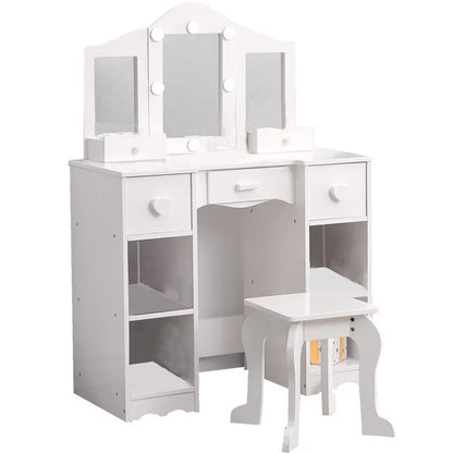 Zzistar Kids Vanity Table Set with Light, Tri-Folding Mirror, 5 Drawers and Square Stool, Wood Makeup Desk Dressing Table with Open Storage Shelves and Detachable Top