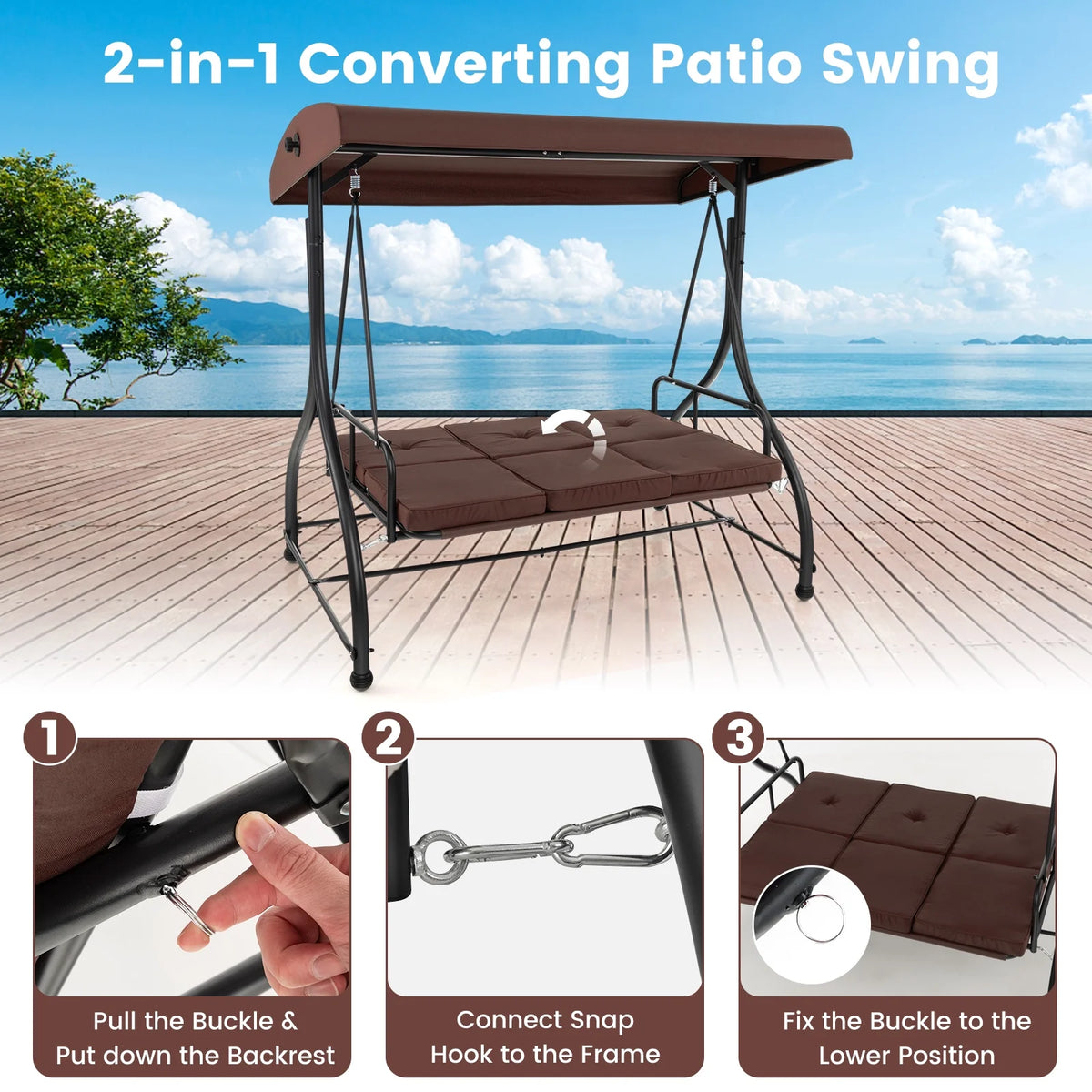 Costway 3-Seat Outdoor Converting Patio Swing Glider Adjustable Canopy Porch Swing Black