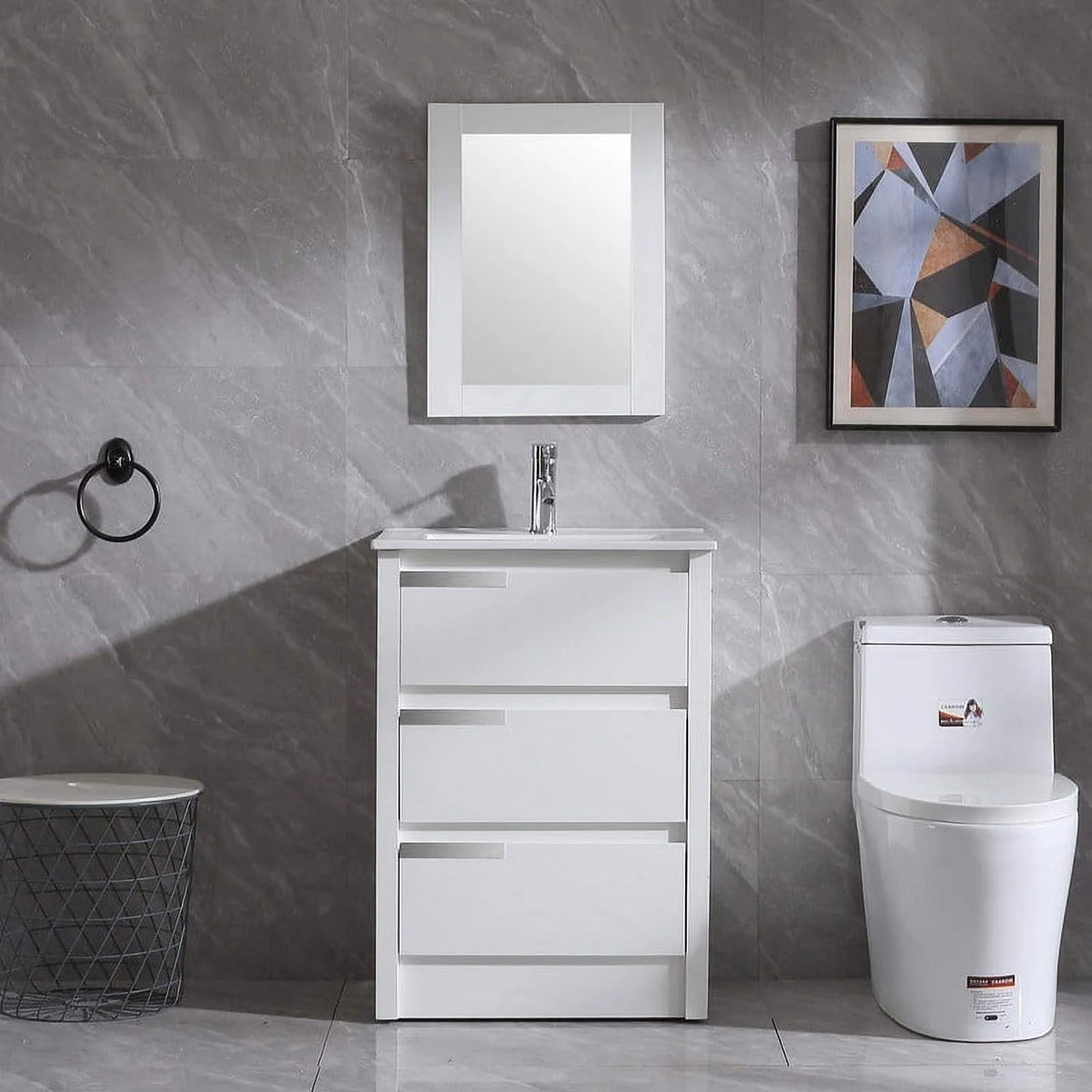 Walsport 24" Luxurious Bathroom Vanity with Ceramic Sink and Countertop and Mirror and Faucet,Double Door Stand Floor Cabinet Bathroom Storage Vanity with Pop Up Drain,White