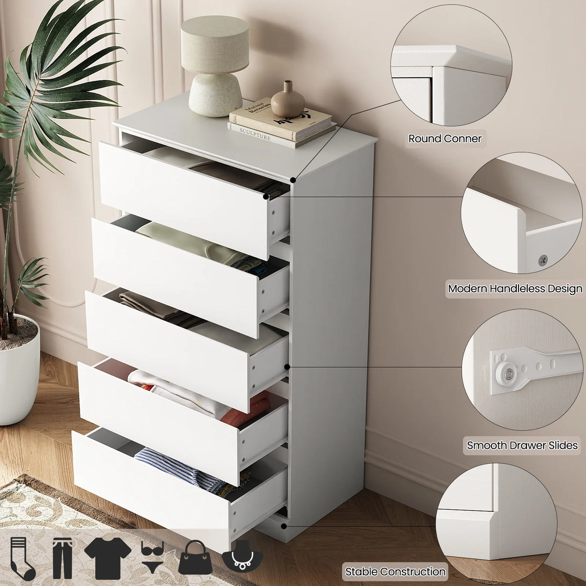 2 PCS  Dresser for Bedroom, 5 Drawer Dresser Black Chest of Drawers for Living Room Dressing Room Entryway -2PCS