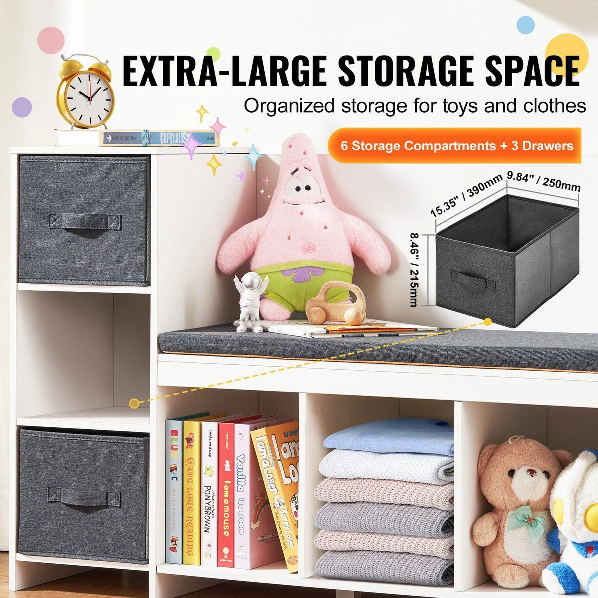 Kids Reading Nook Bench with 6-Cubby Storage, 3 Drawers & Removable Cushion, Toddler Bookshelf Organizer for Playroom Bedroom Living Room Entryway, White Wooden Toy Chest