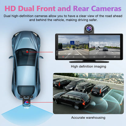 Carpuride Wireless Carplay Android Auto with 4K Front Dash Cam  1080P Rear Cam,10.26" HD IPS Touch