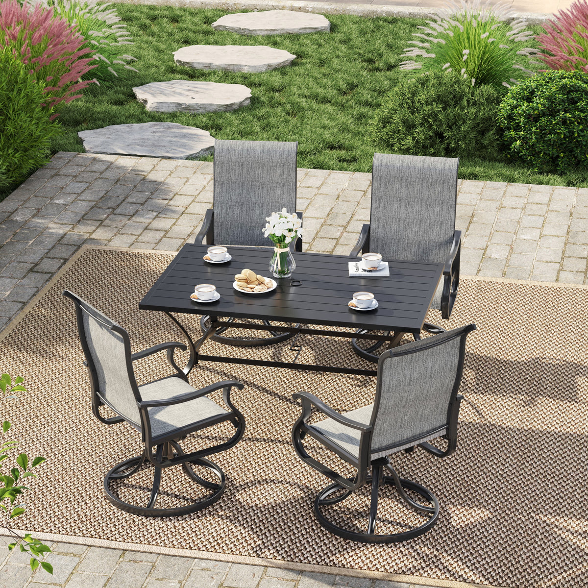 Techmilly Patio Swivel Chairs Set of 2, Outdoor Dining Chairs High Back Padded All Weather Breathable Textilene Outdoor Swivel Chairs with Metal Rocking Frame for Lawn Garden Backyard Deck, Dark Grey