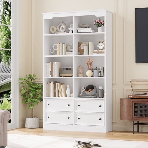 Homfa Double Row 6 Tier Bookcases, 71 in Tall Bookcase Bookshelf with 4 Drawers and 8 Display Cubicles, for Home Office Living Room, White