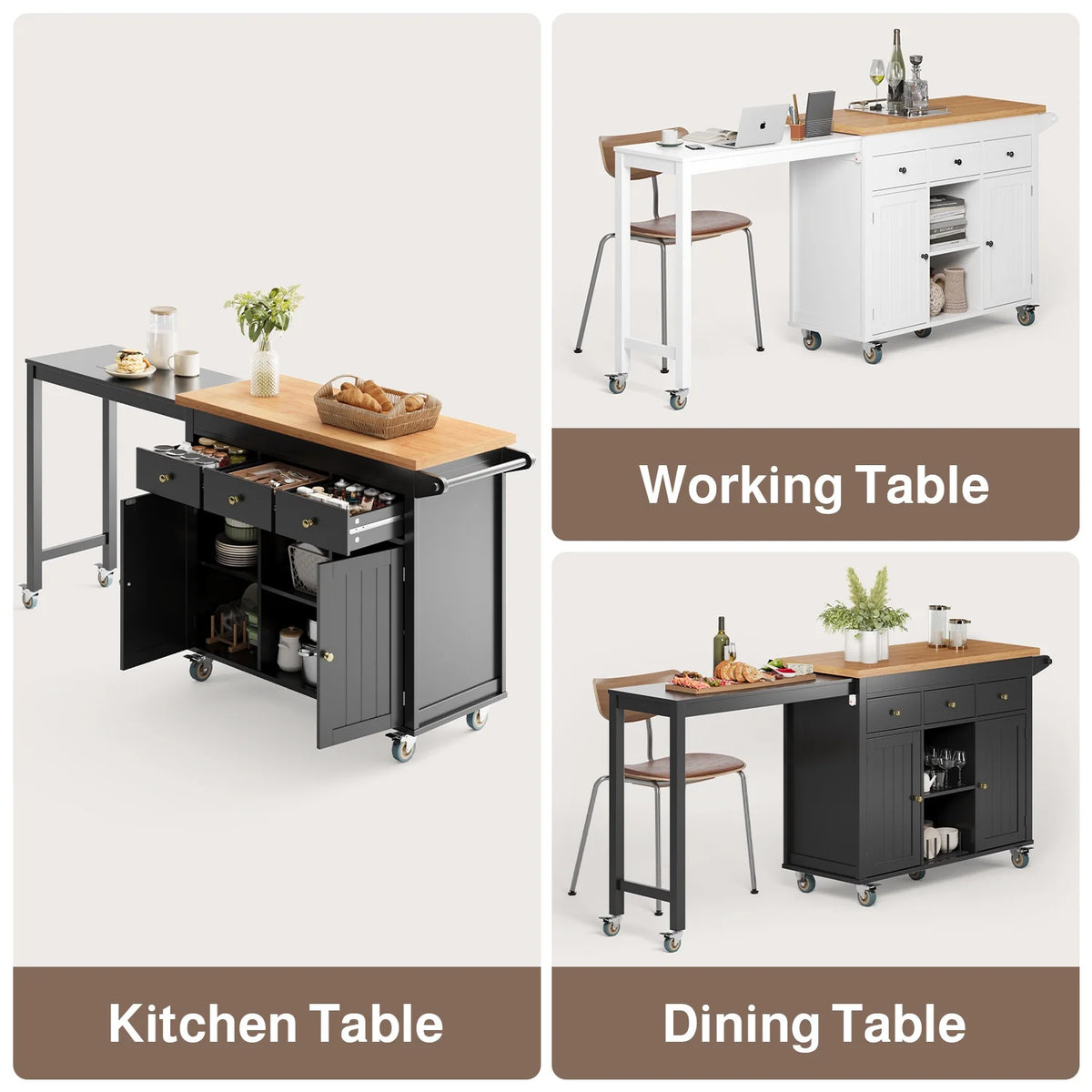 Noelse Rolling Kitchen Island with Drop Leaf Table and Hidden Trash Cabinet, Mobile Kitchen Cart with Storage Drawer, Adjustable Shelves & Rubberwood Countertop on Wheels, White