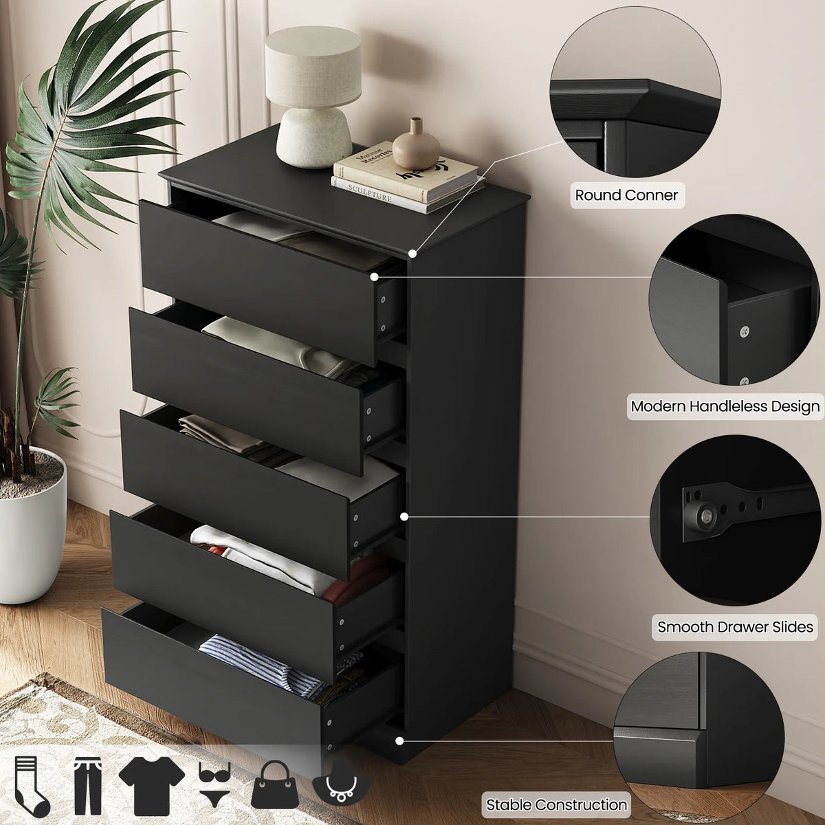2 PCS  Dresser for Bedroom, 5 Drawer Dresser Black Chest of Drawers for Living Room Dressing Room Entryway -2PCS