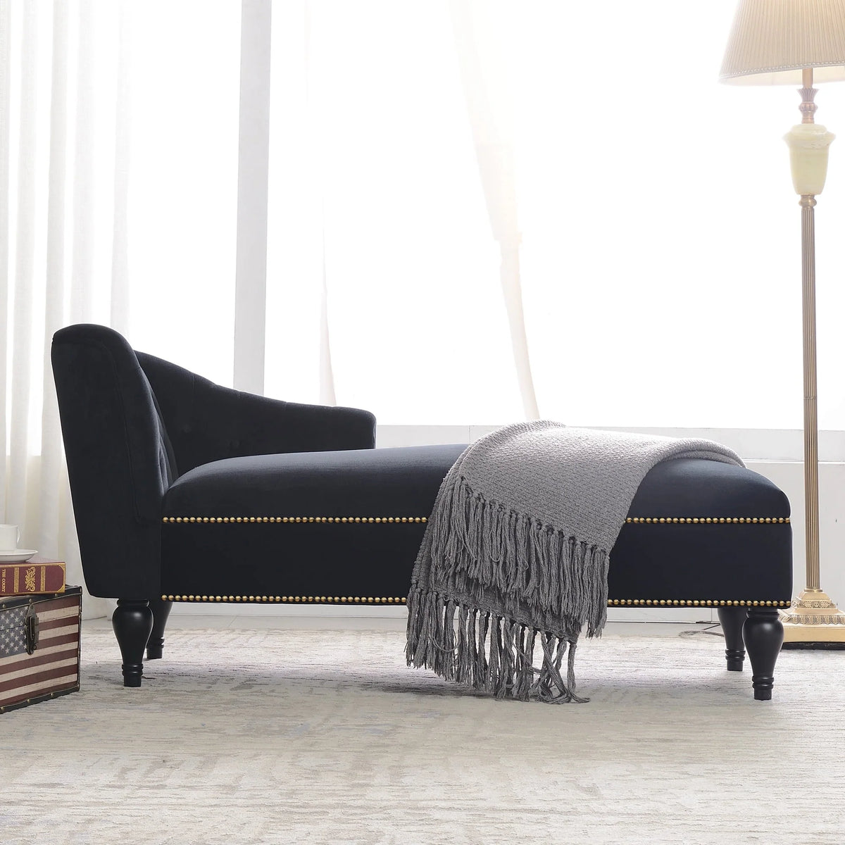 Ufurpie 58" Velvet Chaise Lounge Indoor,Sleeper Lounge Sofa with Nailhead Trim,for Living Room,Office,Apartment,Black