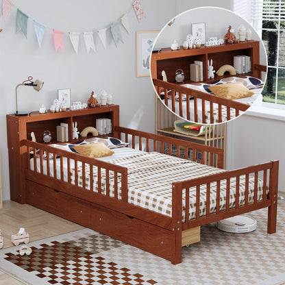 Euroco Wood Twin Size Platform Bed with Storage Headboard and Drawers, Low Profile Bed with Guardrails for Kids and Toddlers, White