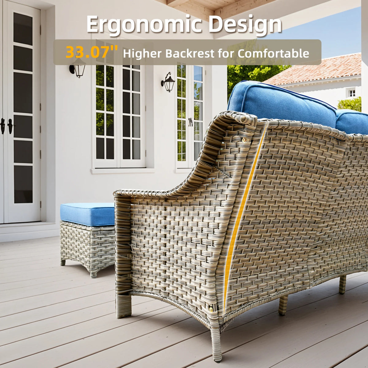 Ovios Outdoor Patio Sofa 3-Seater with Cushions All-Weather Wicker Rattan Couch for Garden, Porch, or Backyard