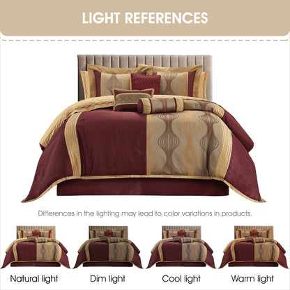 Lanco Elegant Black and Gold Comforter Set,Striped, 7 Pieces Jacquard Bedding Sets with Comforter for All Season, Bed Skirt, Pillows & Shams, Queen Size, Lightweight Microfiber