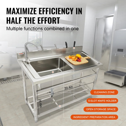 VEVOR Stainless Steel Utility Sink, 1 Compartment Free Standing Small Sink w/Workbench Faucet & legs, 39.4 x 19.1 x 37.4 in Commercial Single Bowl Sinks for Garage, Restaurant, Laundry,NSF Certified