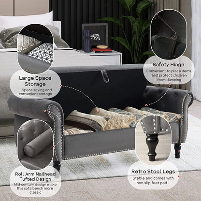 Sumdeal 43.5" Storage Ottoman Bench with 250lb Seating, Linen Upholstered Wood Legs Safety Hinge Flip Top Oval Foot Rest Long Stool for Sofa Couch Bedroom End of Bed Living Room Entryway, White