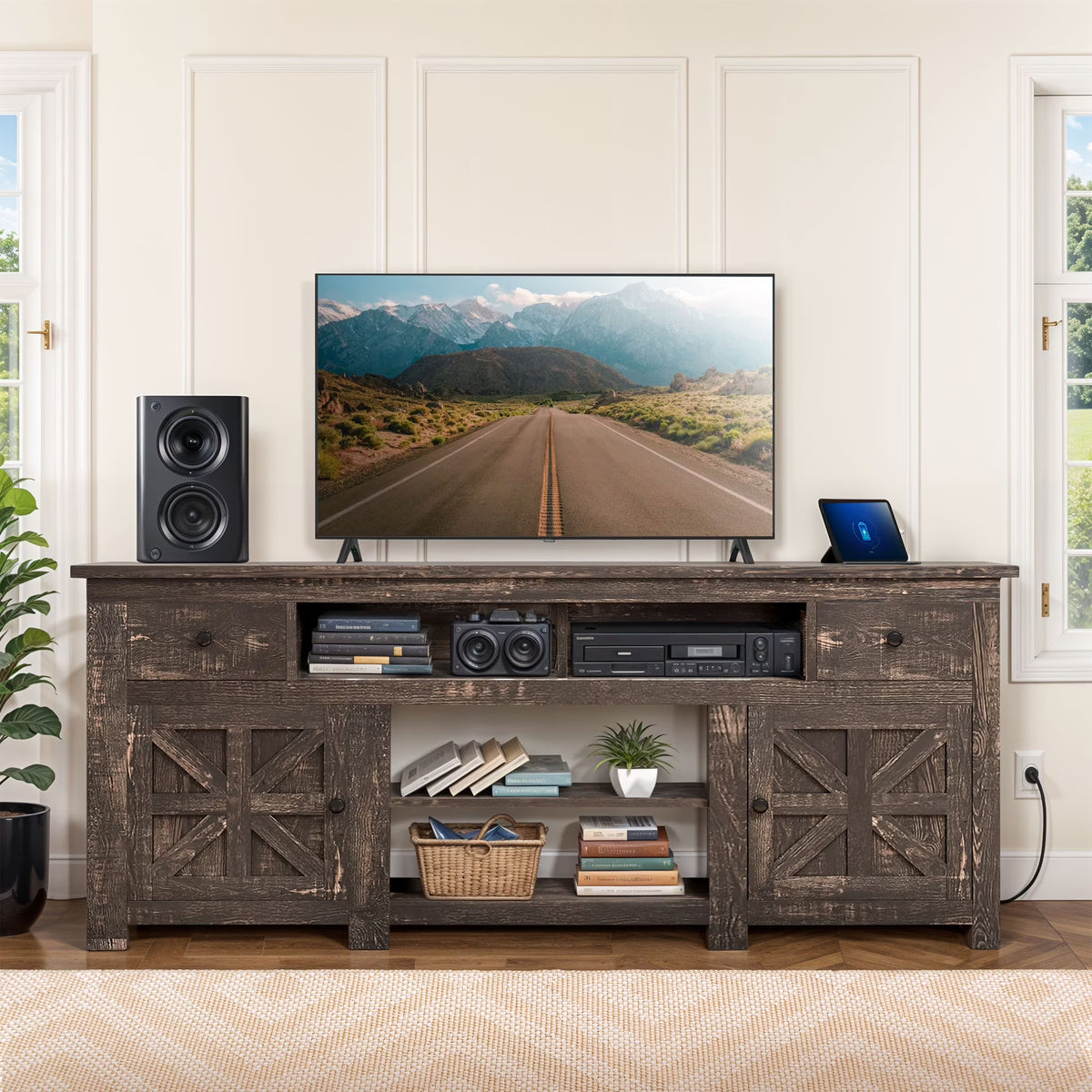 Uforic Farmhouse TV Stand for 75/80 Inch TV, Rustic Entertainment Center with Power Outlet, Storage Drawers, TV Console for Living Room, Oak