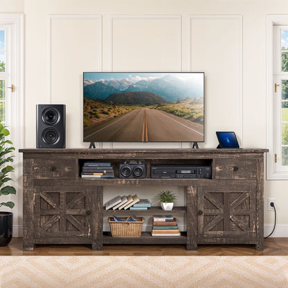Uforic Farmhouse TV Stand for 75/80 Inch TV, Rustic Entertainment Center with Power Outlet, Storage Drawers, TV Console for Living Room, Oak