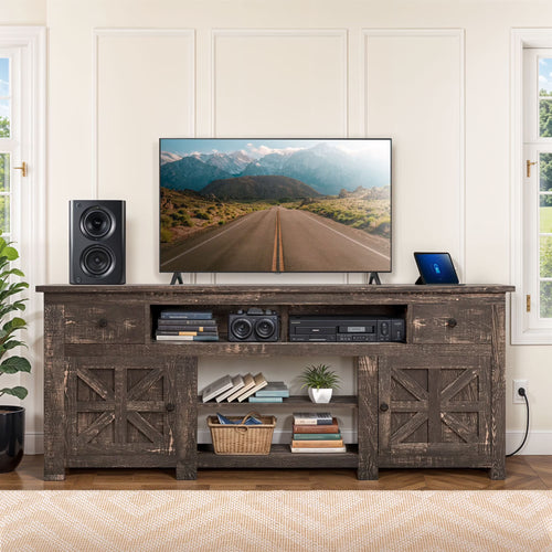Uforic Farmhouse TV Stand for 75/80 Inch TV, Rustic Entertainment Center with Power Outlet, Storage Drawers, TV Console for Living Room, Oak