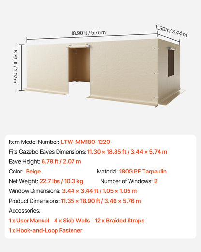 VEVOR Gazebo Sidewall Fits 12 x 20 ft Gazebos, 4-Panel Winter Cover Side Walls for Hardtop Gazebo, High-Density PE Material, All Weather Outdoor Cover with Mesh Windows, Gazebos not Included