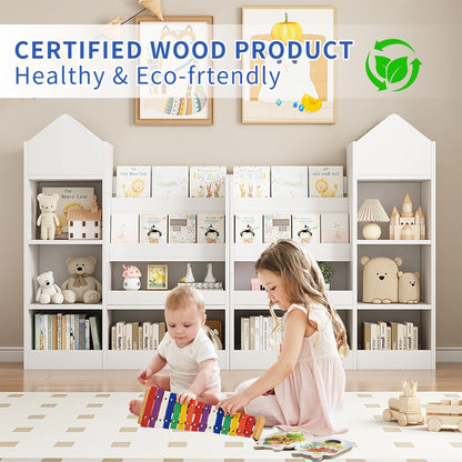 PORKISS Bookshelf for Kids, Wood Kids Bookcase with Toy Storage Organizer, Freestanding Book Shelf with 6 Compartments and 2 Baskets Bins for Kids Bedroom, Nursery, Playroom, Natural