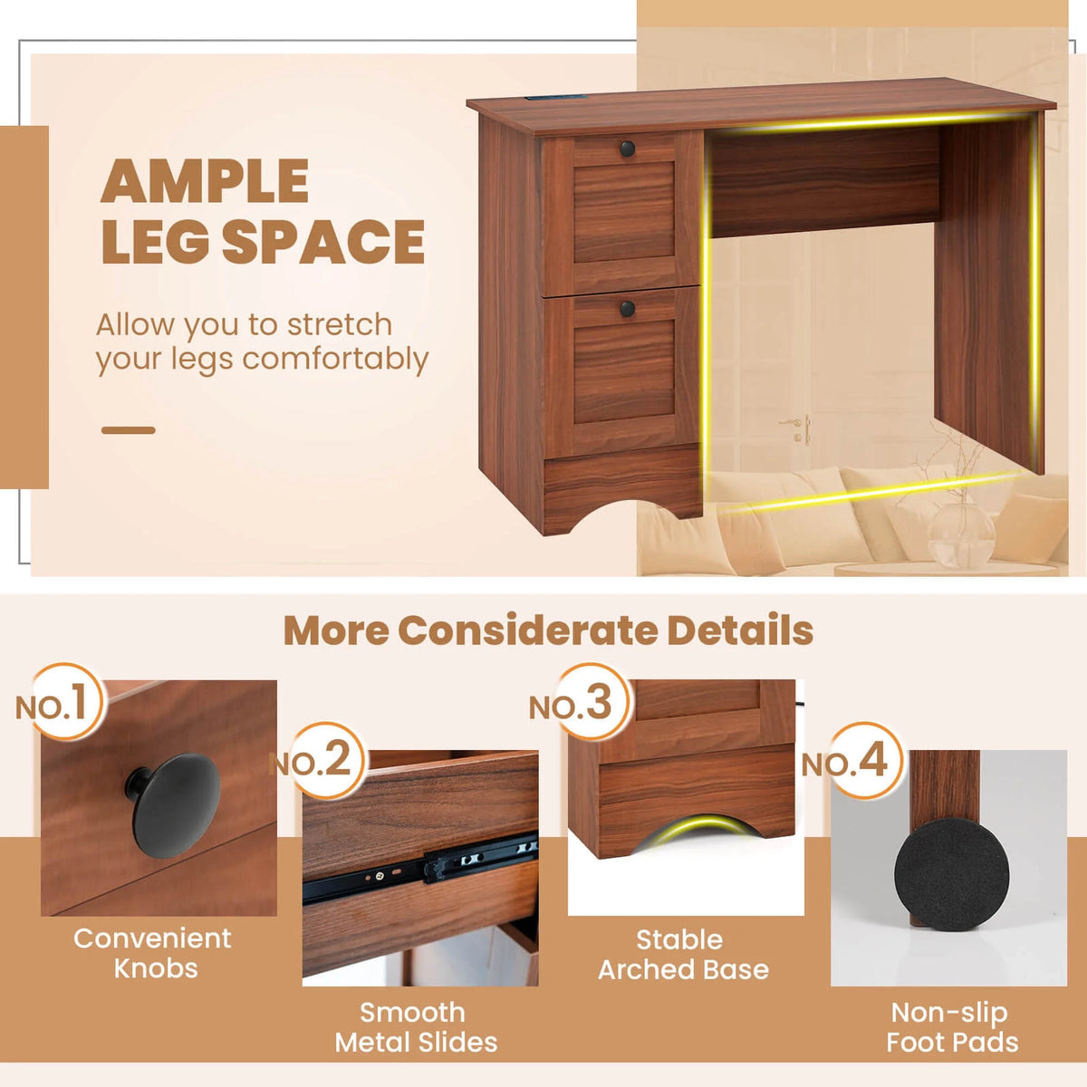 Costway 43" Home Office Desk with Charging Station Compact Study Writing Desk Walnut