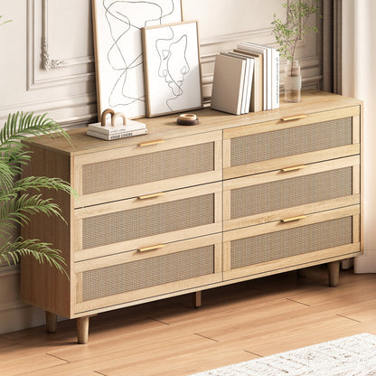 Wide 6 Drawer Rattan Dresser, Boho Dresser for Bedroom, Wooden Dresser Chest of Drawers, Natural