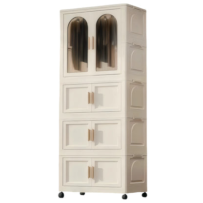 PORKISS Portable Wardrobe Closet, Folding Bedroom Armoire with Wheels, Plastic Storage Basket Can be Freely Combined (1 Layer of Wardrobe + 2 Layers of Folding Boxes+10 Hangers), Cream White-57.09"H