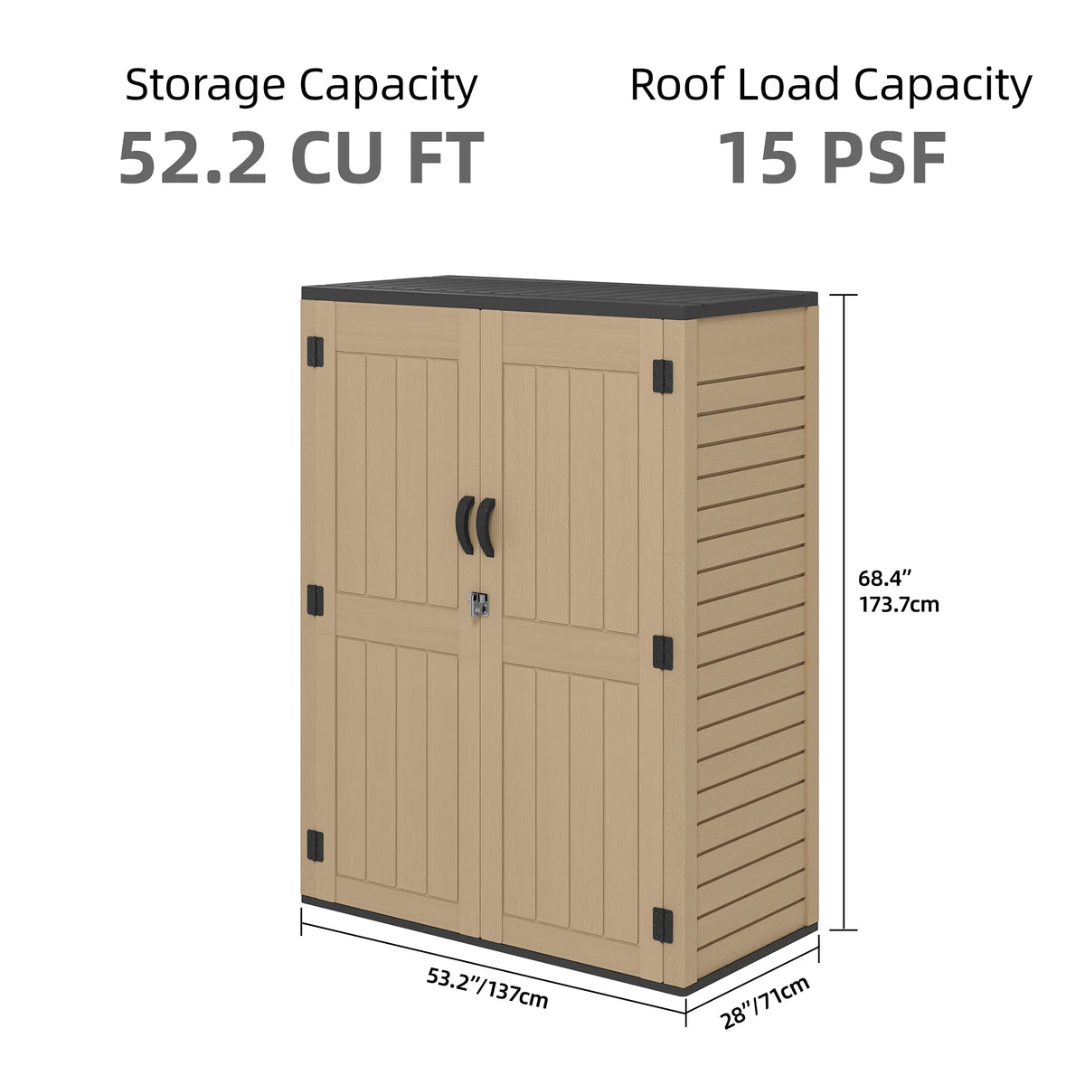 Uforic Outdoor Storage Shed, Vertical Lockable Tool Storage Resin Shed for Garden, Garage, Patio, No Shelves Included, Brown