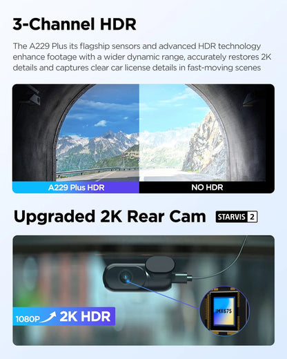 VIOFO A229 Plus Dash Cam with Dual STARVIS 2 Sensors, 2 Channel HDR, 1440P+1440P Front and Rear, Voice Control Car Dash Camera, 5GHz Wi-Fi, Ultra-Precise GPS, 24 Hours Parking Mode, Support 512GB Max