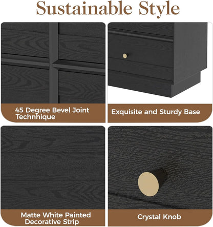 Heynemo Beige 6 Drawer Dresser, Fluted Modern Wood Chest