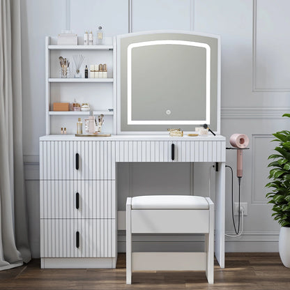 Dextrus Vanity Table Set with LED Lighted Mirror & Stool, Dressing Table with Sliding Mirror & Charging Station , Makeup Table with Storage Shelves & Drawers, White Vanity Desk for Bedroom, White