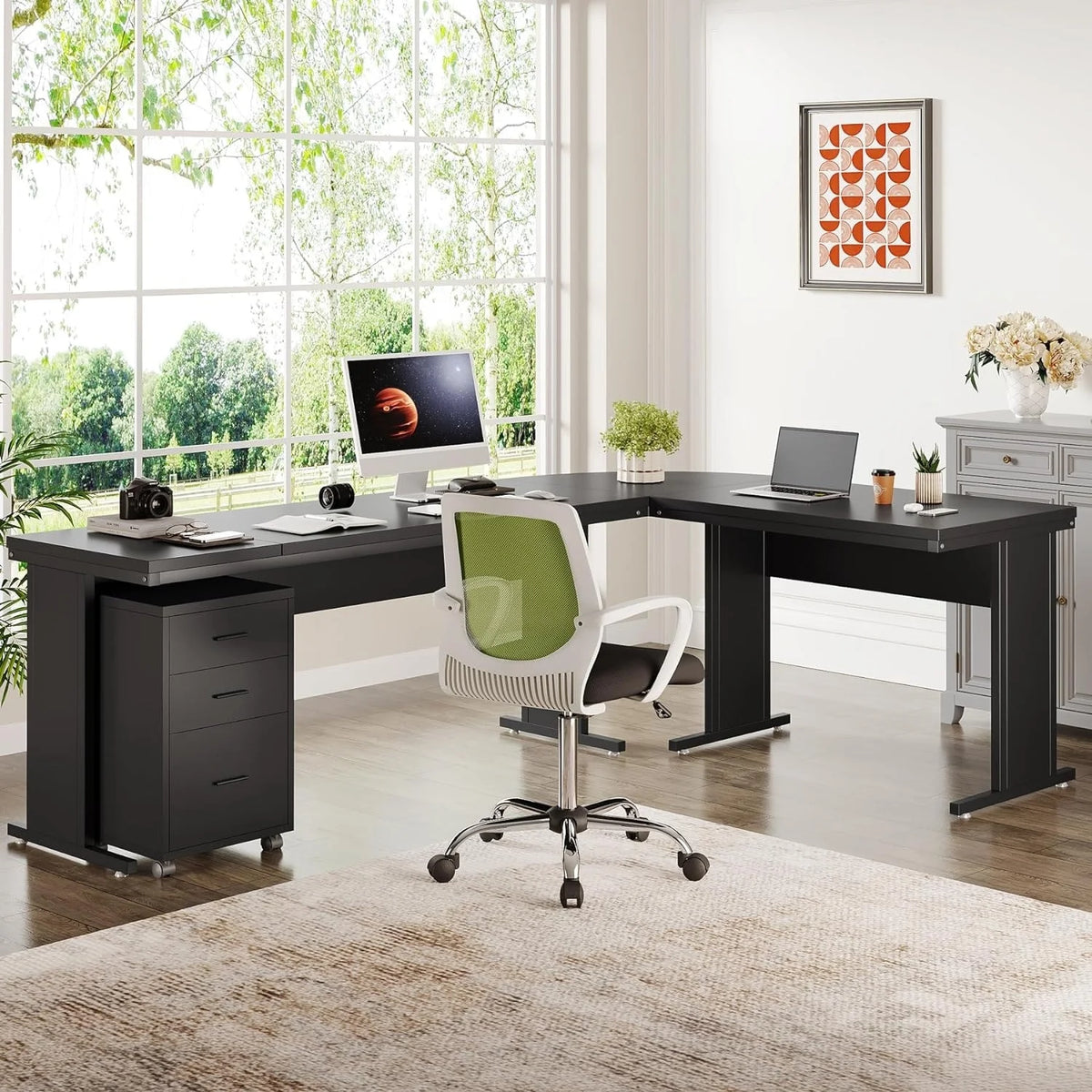 83" L-Shaped Executive Desk, Large L Office Desk with 3-Drawer Mobile File Cabinet, Business Furniture Desk Workstation Brown