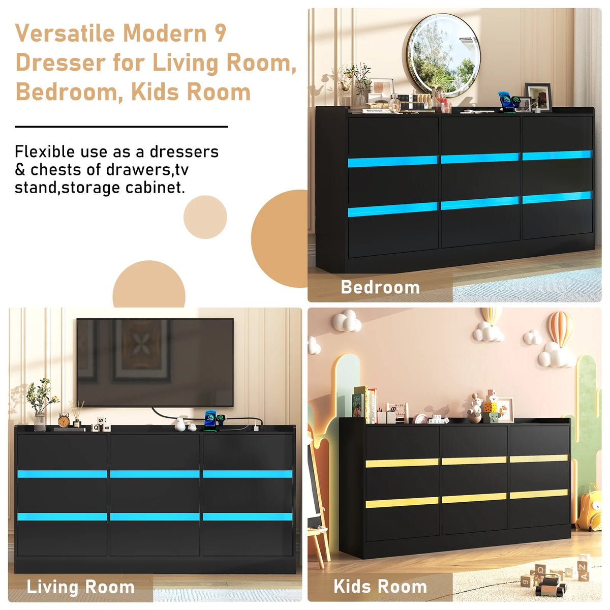 9 Drawer Dresser for Bedroom with Power Outlet, 63" Large Dresser with LED Light, Wooden Dresser For Closet, Chest of Drawers with Raised Edges