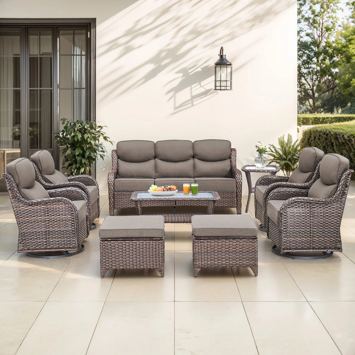 Bellefurn Luxury Outdoor Patio Furniture Set,Swivel Rocker Patio Chairs with 6-inch Thick Cushion,Patio Sofa and Glass Coffee Table,Outdoor Conversation Set for Porch, Deck, Yard