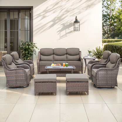 Bellefurn Luxury Outdoor Patio Furniture Set,Swivel Rocker Patio Chairs with 6-inch Thick Cushion,Patio Sofa and Glass Coffee Table,Outdoor Conversation Set for Porch, Deck, Yard