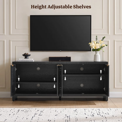 SICOTAS 61.5"W Rattan TV Stand with 4 Doors, Boho Entertainment Center with Adjustable Shelves & Spacious Countertop �C Large Boho Farmhouse Media Console for Living Room, Reclaimed Caramel Oak