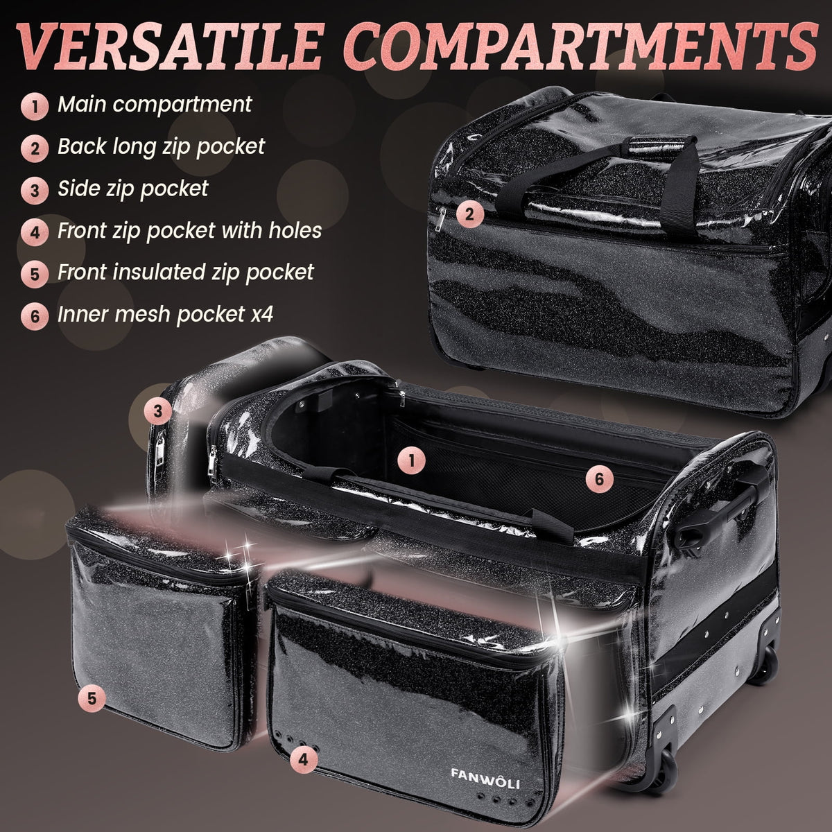 Dance Bag with Garment Rack,23"Glitter Rolling Dance Competition Bag with Organizer Bag, Collapsible Dance Travel Bag Suitcase for Dancers Performer Artist,Pink
