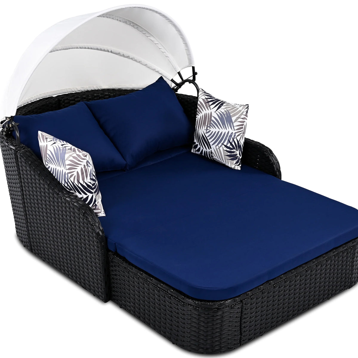 Outdoor Sun Lounger With Adjustable Canopy And Relaxing Pillow - Pe Black Blue Cushion 79.9" Daybed Cozy