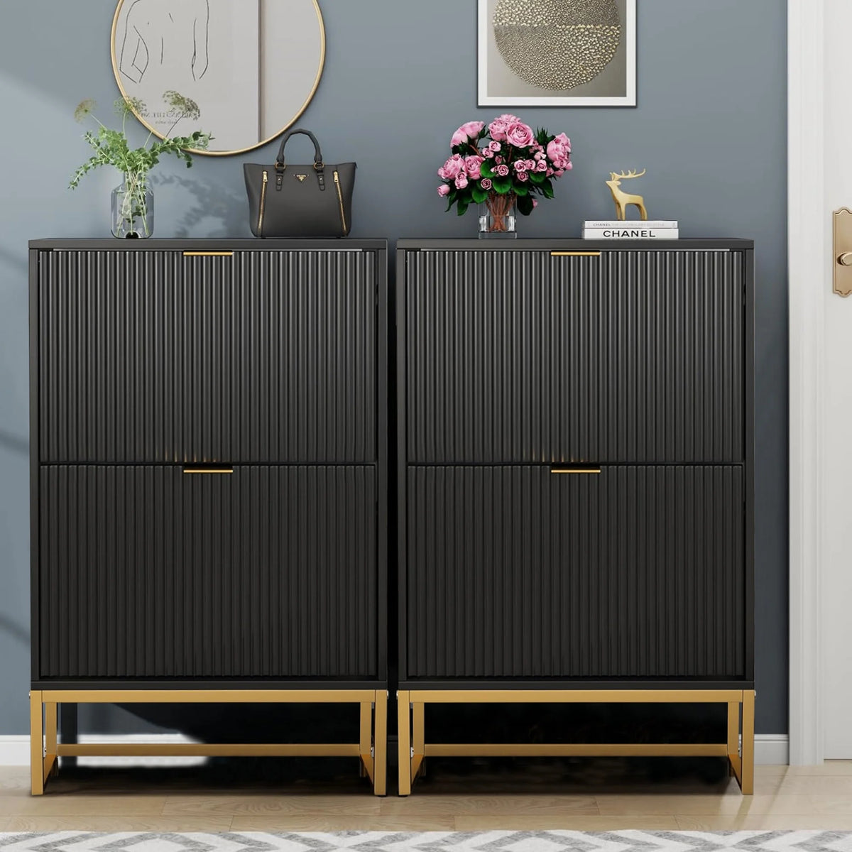 Oubayajia Modern Shoe Storage Cabinet, Wood Shoe Rack Organizer with 2 Flip Drawers, Freestanding Narrow Shoe Cabinet for Entryway Hallway, Natural