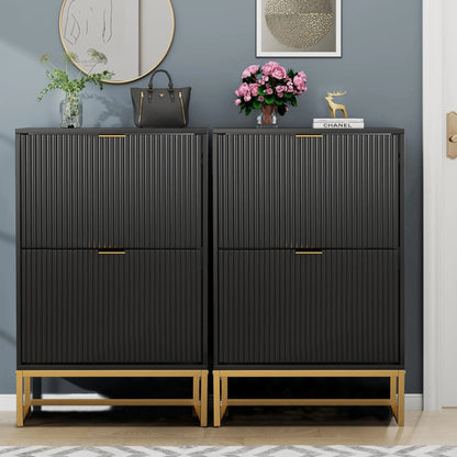 Oubayajia Modern Shoe Storage Cabinet, Wood Shoe Rack Organizer with 2 Flip Drawers, Freestanding Narrow Shoe Cabinet for Entryway Hallway, Natural