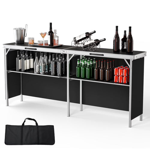 Ktaxon 78" Foldable Bar Table, Mobile Bar with 3-Tier Shelves & Carry Bag - Perfect for Events, Parties, Camping, Picnics, Tradeshows, and Both Outdoor/Indoor Use (Comes with Black Skirt, Black)