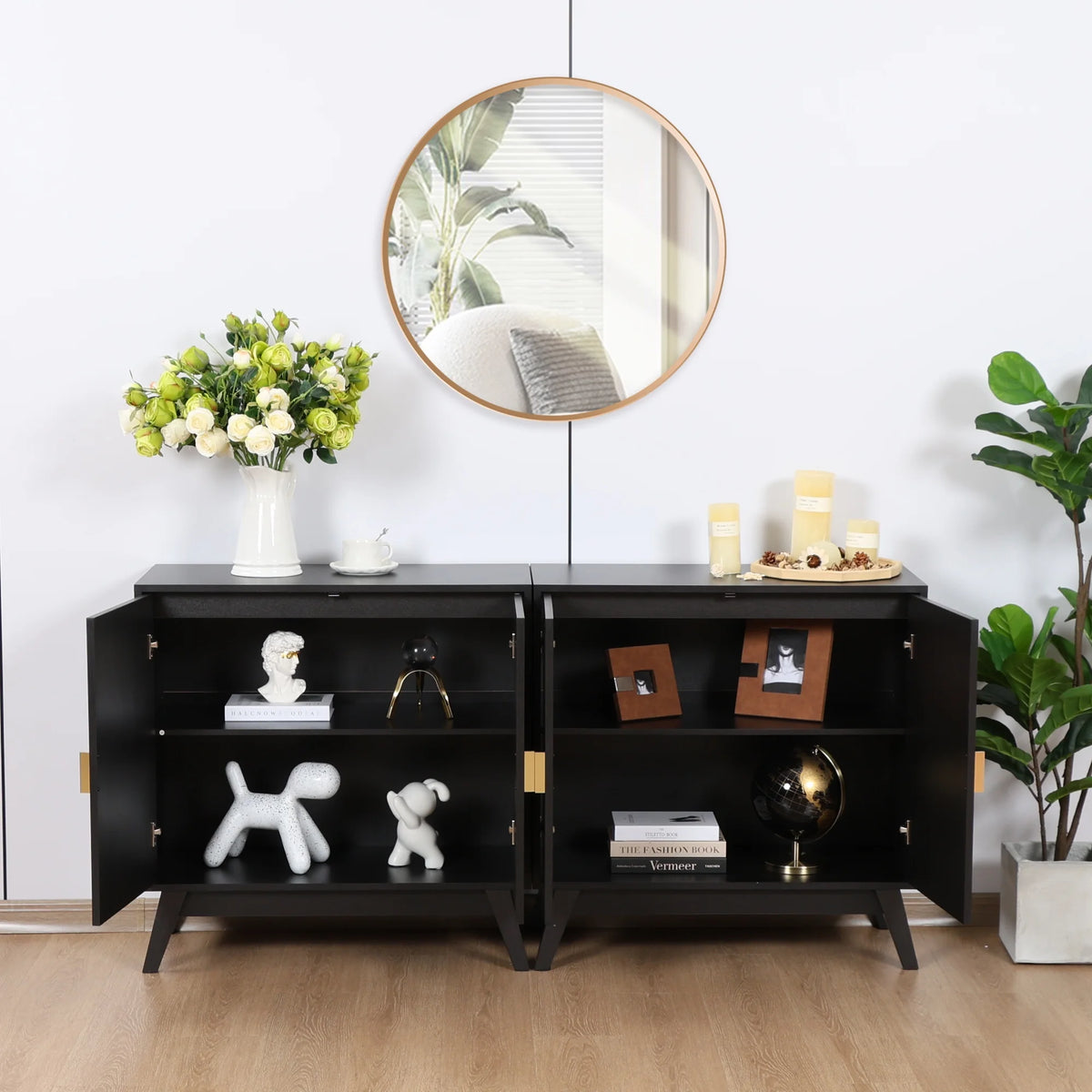 LEFHDA 2PCS Buffet Cabinet, Sideboard Cabinet with Storage, Accent Storage Cabinet with Carved Arc Door Design for Kitchen Dining Room, 2 Doors Buffet Cabinet with Adjustable Shelves