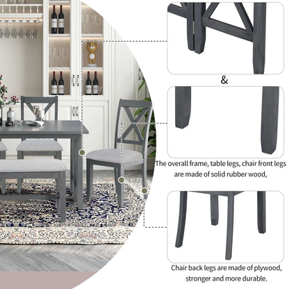 HANSHE Dining Table Set for 6, Farmhouse Dining Table Set with Foldable Table, Bench & 4 Chairs, Kitchen Table Sets with Chairs, Dining Room Set for Home Apartment Dorm, Gray