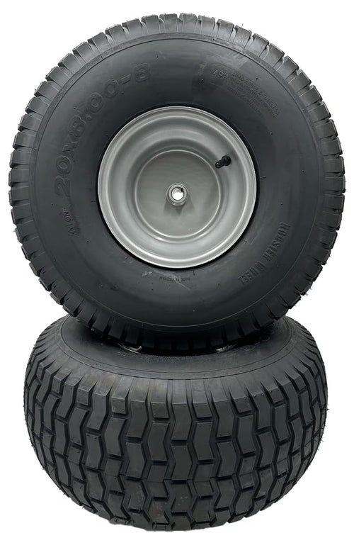 Set of 2 - Silver 20x8.00-8 Lawn Mower Tire with Rim - Fits on 3/4 Inch Axle