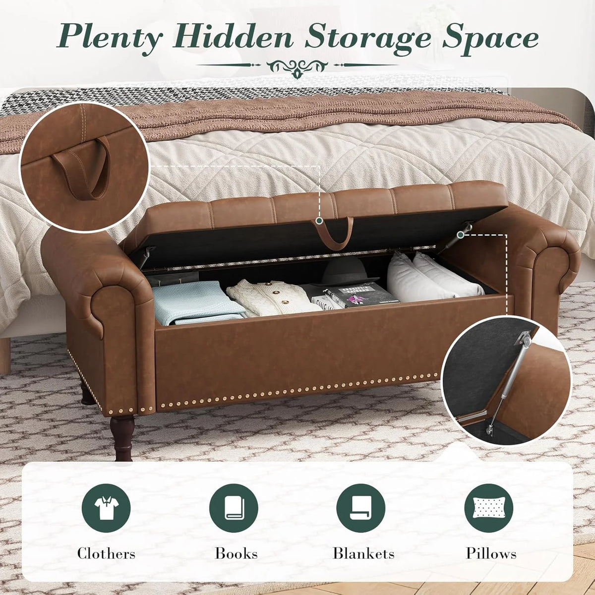 Gelloan Storage Ottoman Bench for Bedroom,Upholstered Bedroom Bench with Rolled Arms and Rivets, Storage Chest for Living Room,Grey,51 Inches