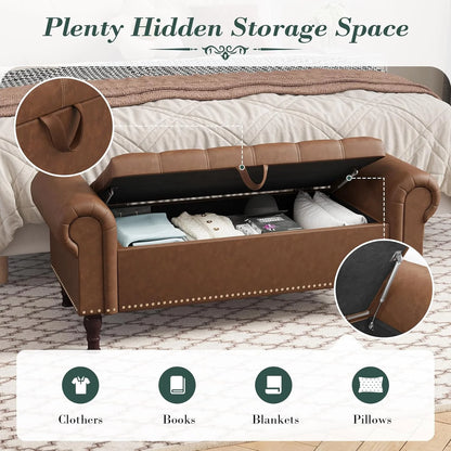 Gelloan Storage Ottoman Bench for Bedroom,Upholstered Bedroom Bench with Rolled Arms and Rivets, Storage Chest for Living Room,Grey,51 Inches