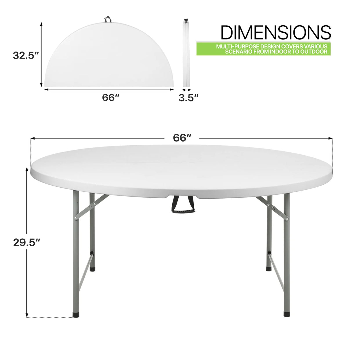 Magshion 5.5FT Round Folding Table, Heavy Duty Plastic Portable Round Table, Indoor Outdoor Foldable Dining Table with Handle, Grey